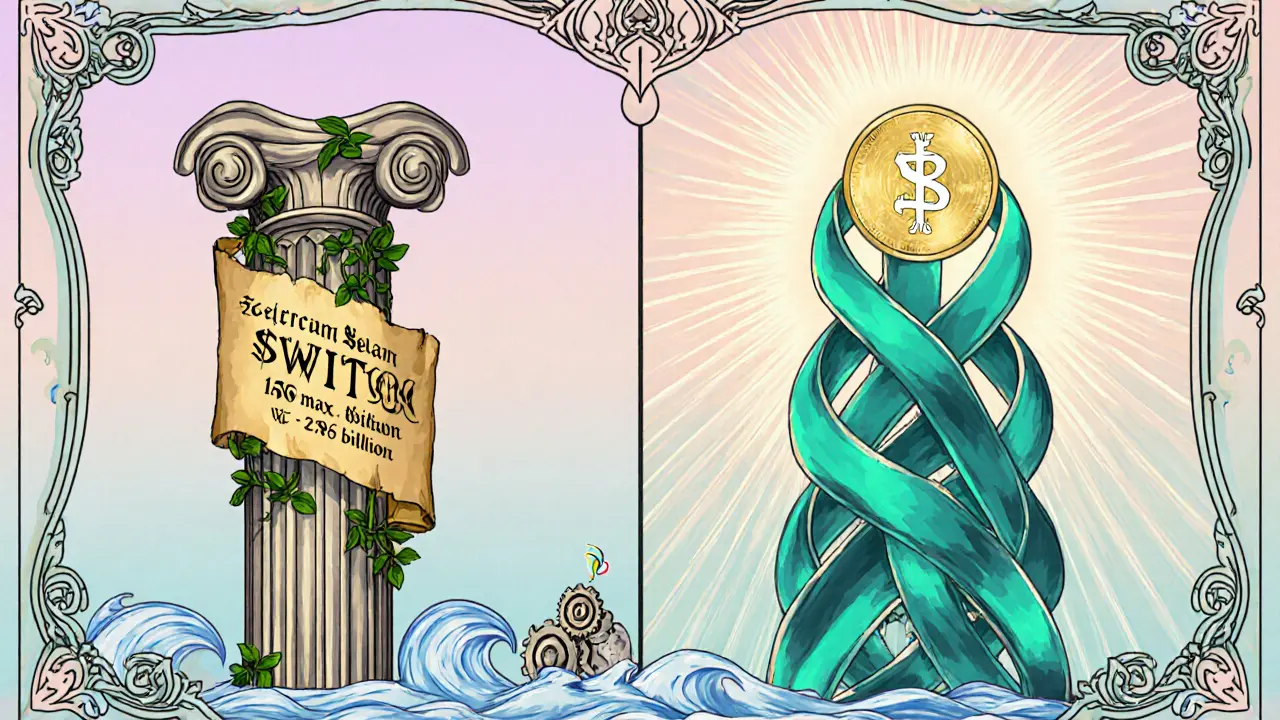 Comparación visual de los dos tokens SWITCH en estilo Art Nouveau, mostrando suministros y redes.