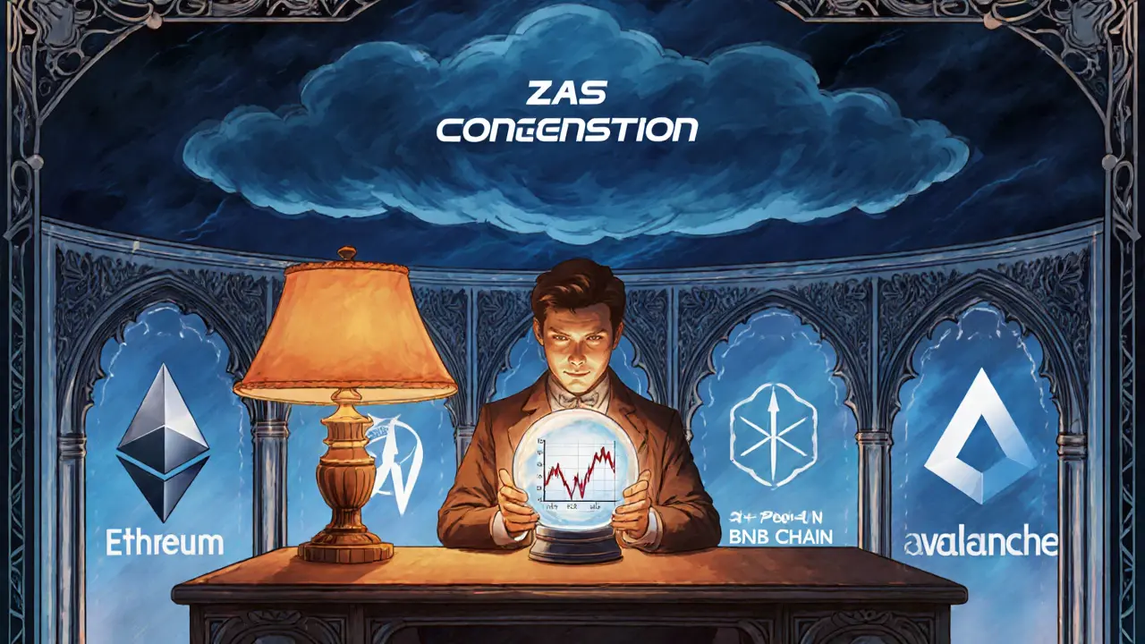 Escena Art Nouveau con desarrollador, gráfico de precio ZRX, cadenas múltiples y nube que indica riesgo de congestión.