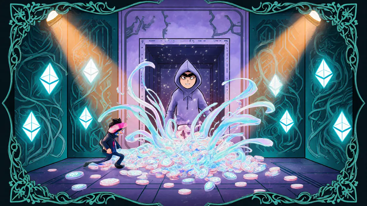 Escena Art Nouveau del hack de ByBit, con hacker, servidores y símbolos de blockchain.