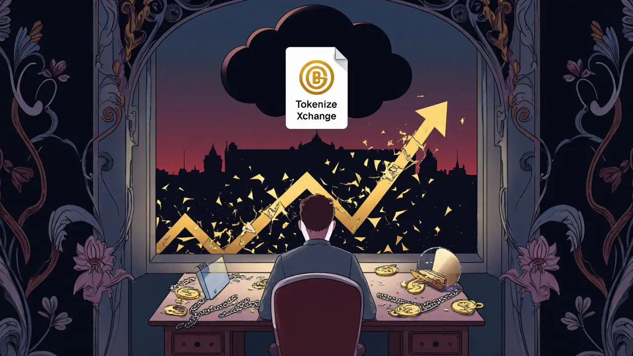 Escena Art Nouveau mostrando la caída del token TKX y el cierre del exchange.