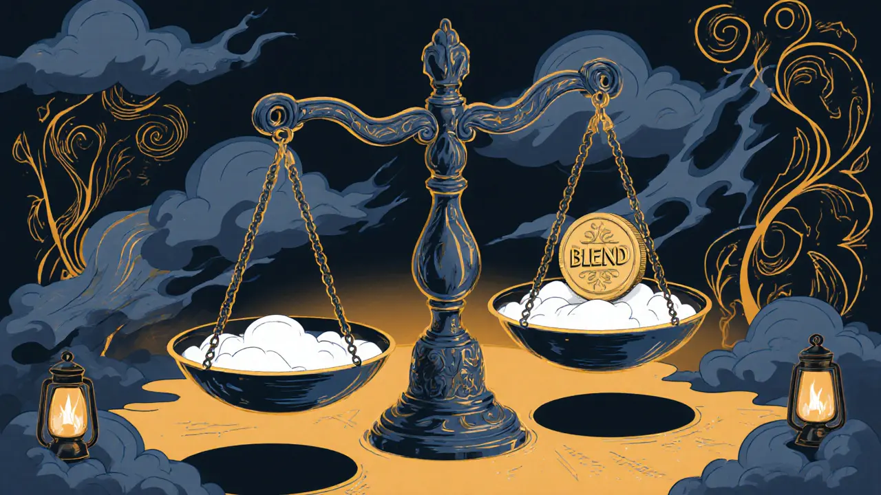 Escena de mercado volátil con balanza y nubes en estilo Art Nouveau.