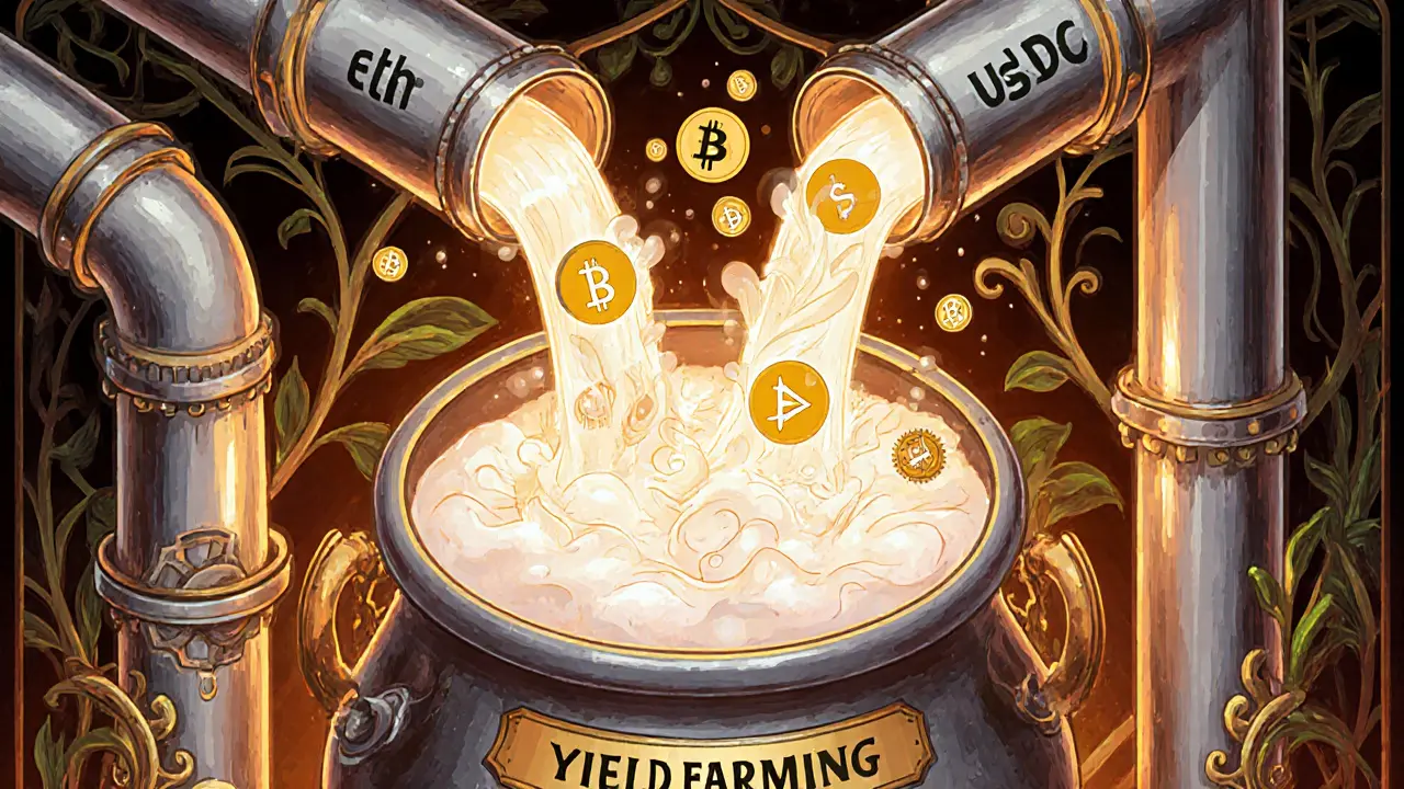 Fábrica Art Nouveau con tuberías de ETH y USDC alimentando una urna de pool de liquidez.