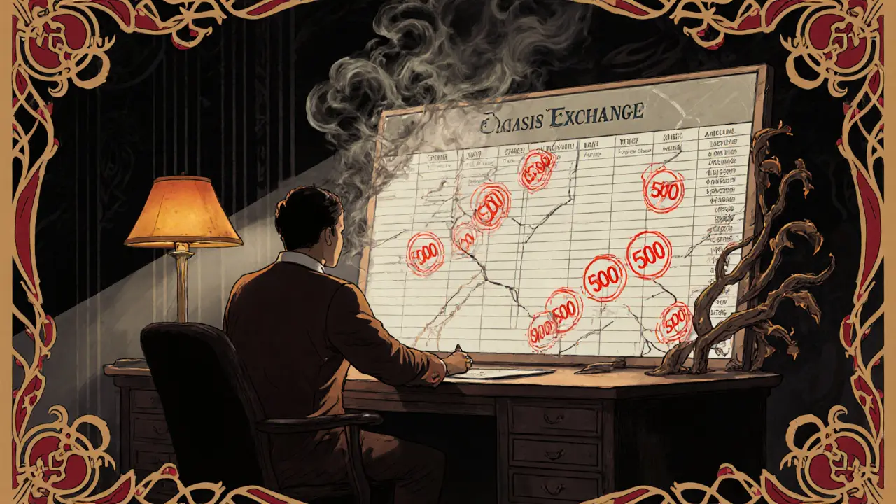 Ilustración de usuario frustrado viendo un libro de órdenes vacío y errores 500 en Oasis Exchange.