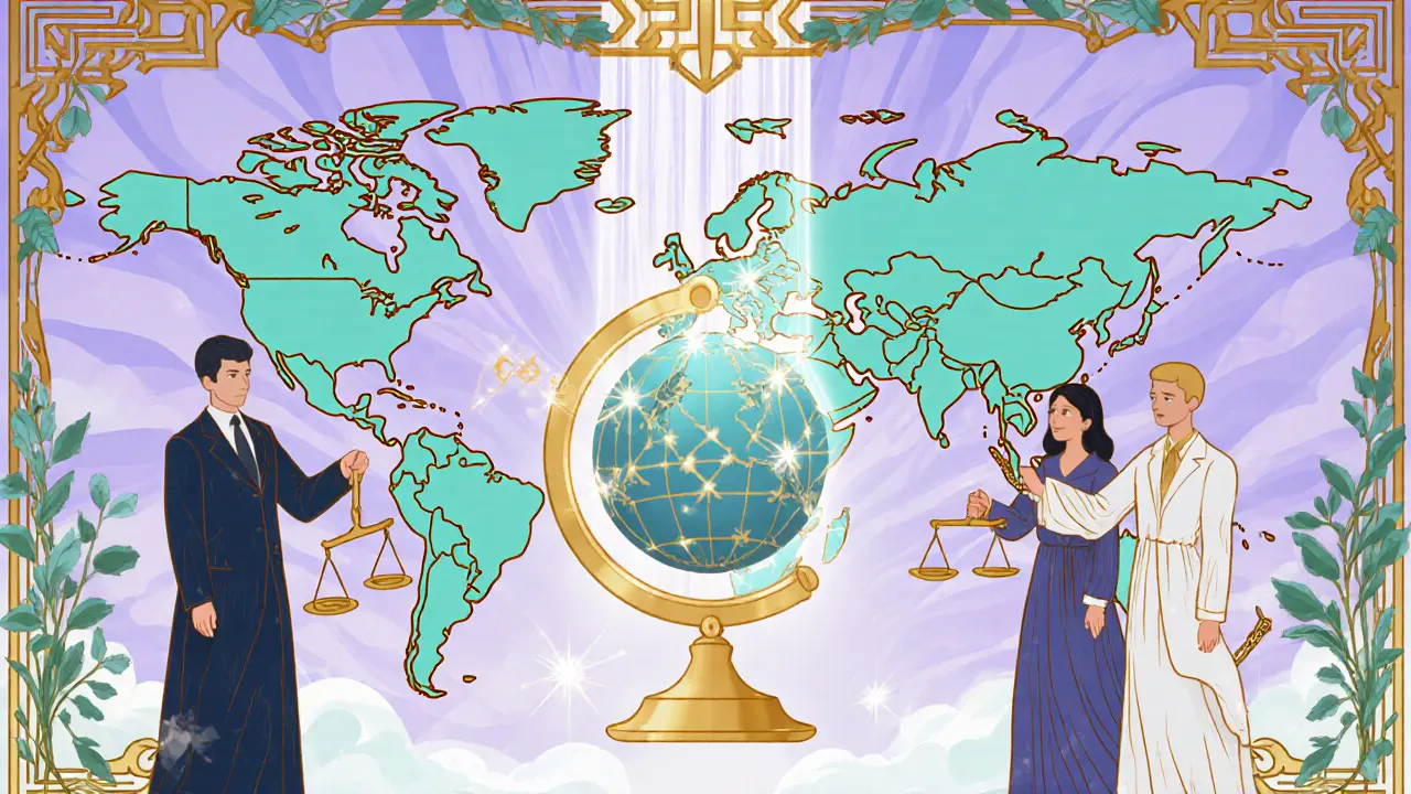 Imagen Art Nouveau de la respuesta internacional, con mapa, agentes y símbolos de sanciones.