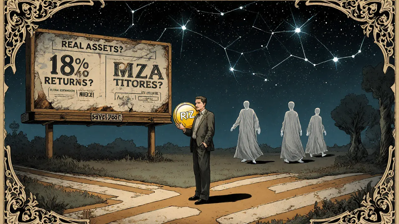 Inversor en una encrucijada con carteles falsos, rodeado de figuras fantasmales, en tonos apagados y detalles filigranados de estilo Art Nouveau.