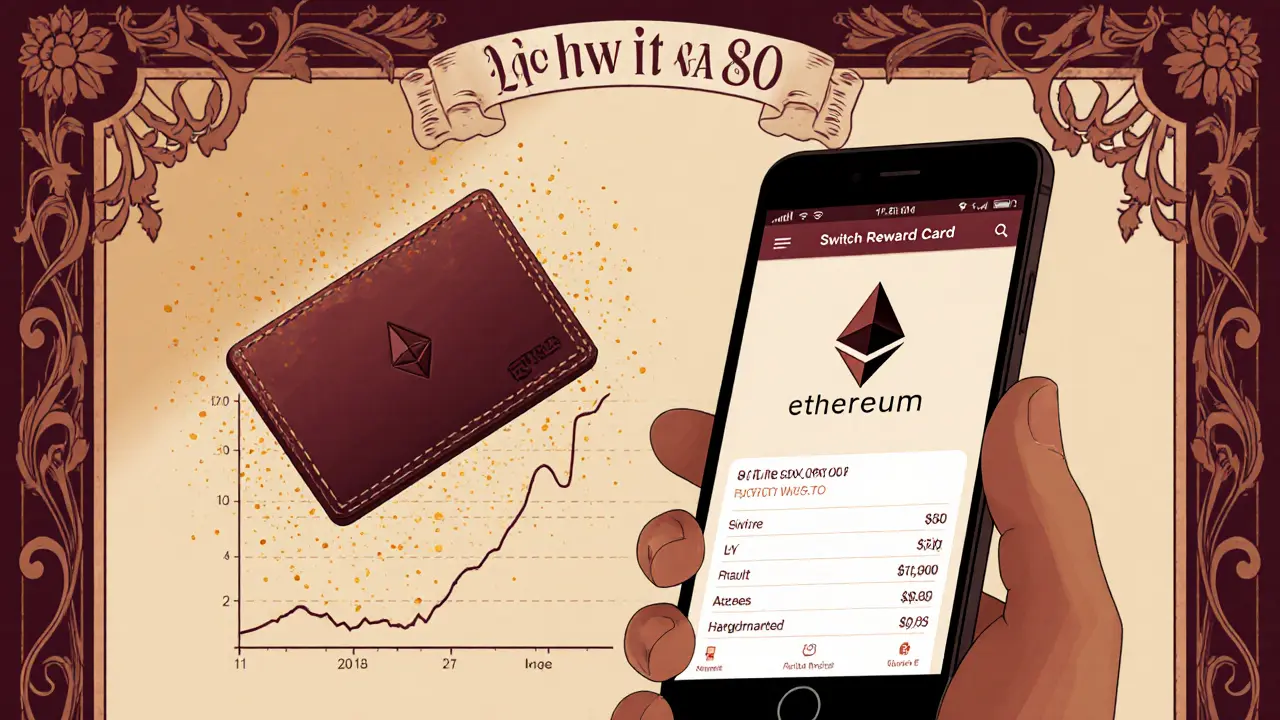 Mano con smartphone mostrando la app Switch Reward Card y una billetera Ethereum, con gráfico de bajo volumen.