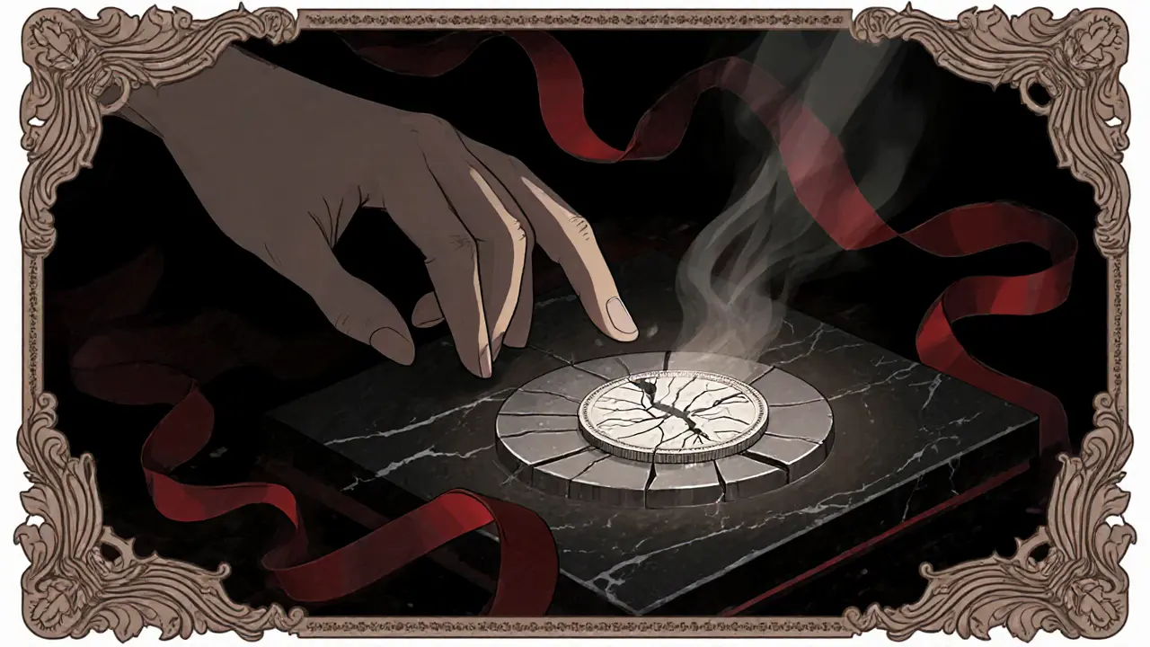 Moneda agrietada con sombra amenazante, estilo Art Nouveau.