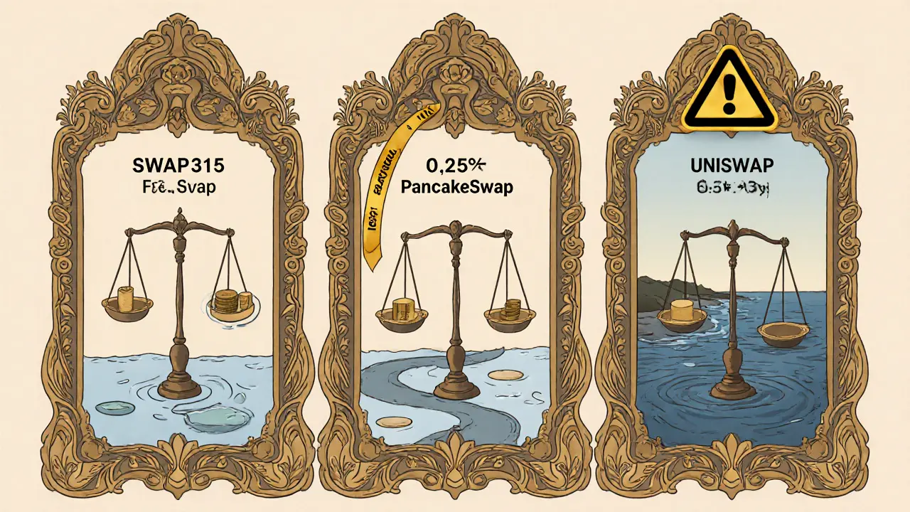 Comparación Art Nouveau de SWAP315, PancakeSwap y Uniswap con escalas de comisiones y liquidez.