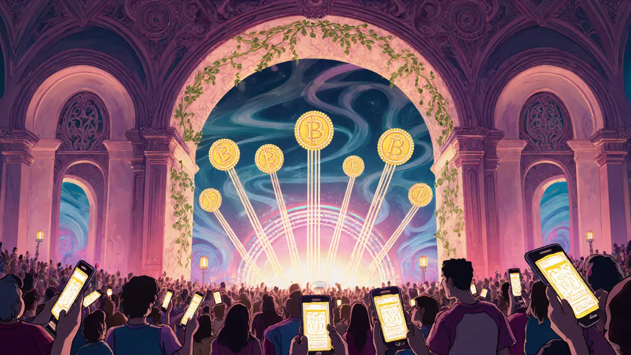 Concierto con público escaneando tickets NFT que iluminan un portal hacia un escenario virtual.