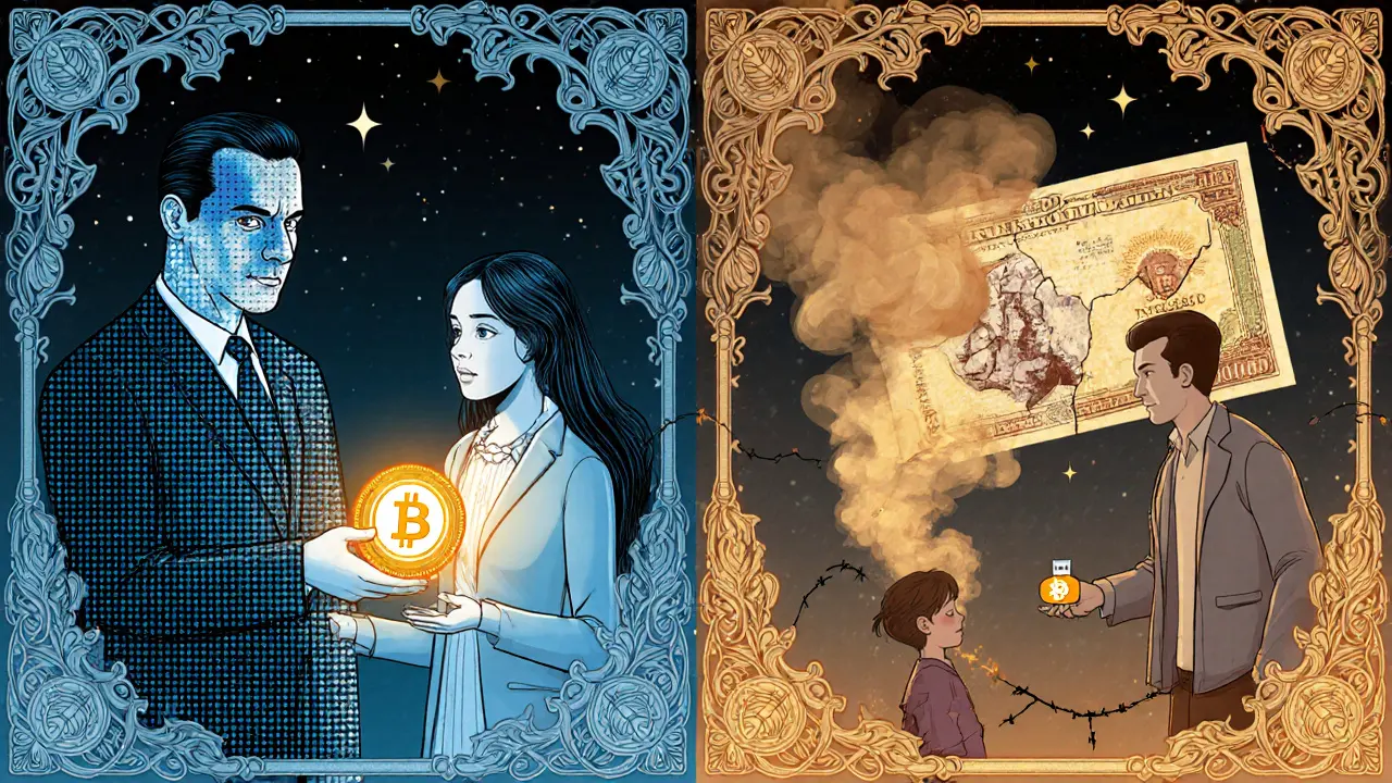 Contraste entre el kyat digital controlado por el gobierno y una transacción secreta de Bitcoin entre padre e hijo.