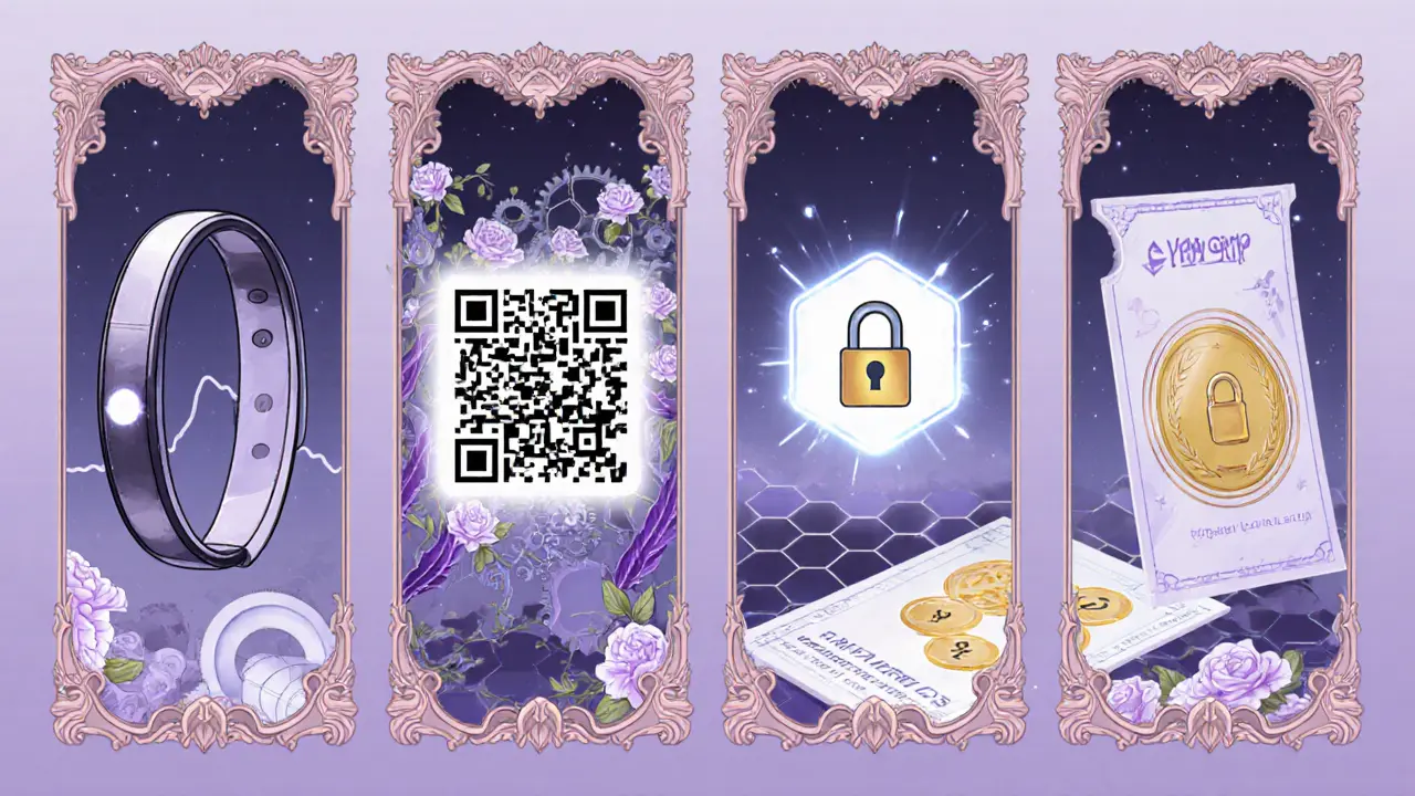 Cuatro viñetas que muestran pulsera NFC, código QR dinámico, token 3D para metaverso y sello NFC en ticket.