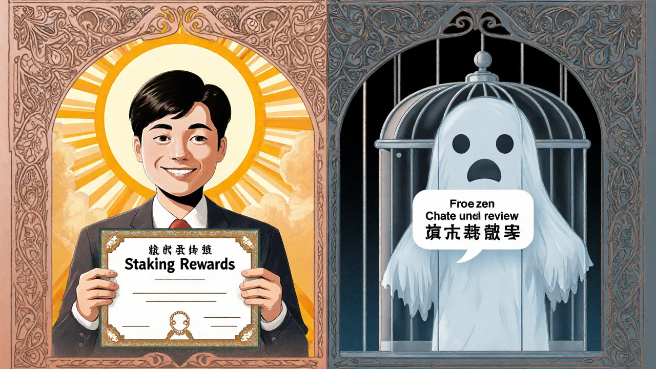 Doble imagen: trader feliz a la izquierda, atrapado en una jaula a la derecha, con un bot de chat en chino susurrando.