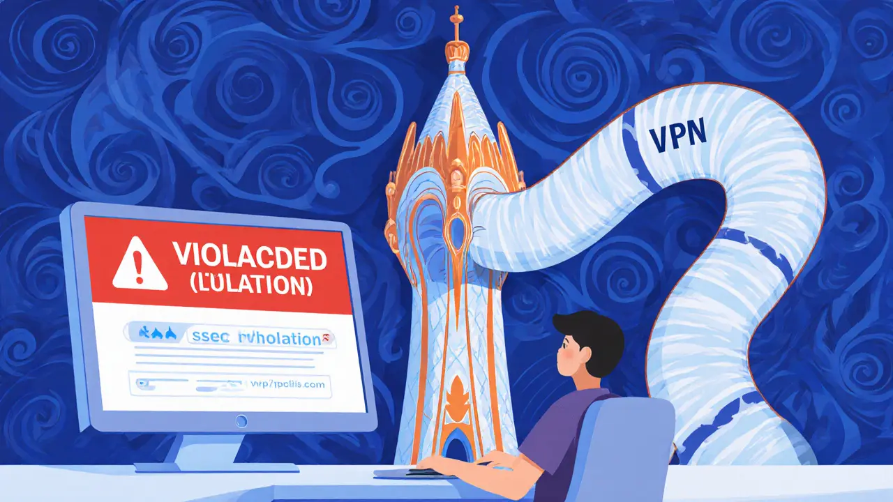 Escena Art Nouveau de una pantalla bloqueada con advertencia y un túnel VPN como escape.