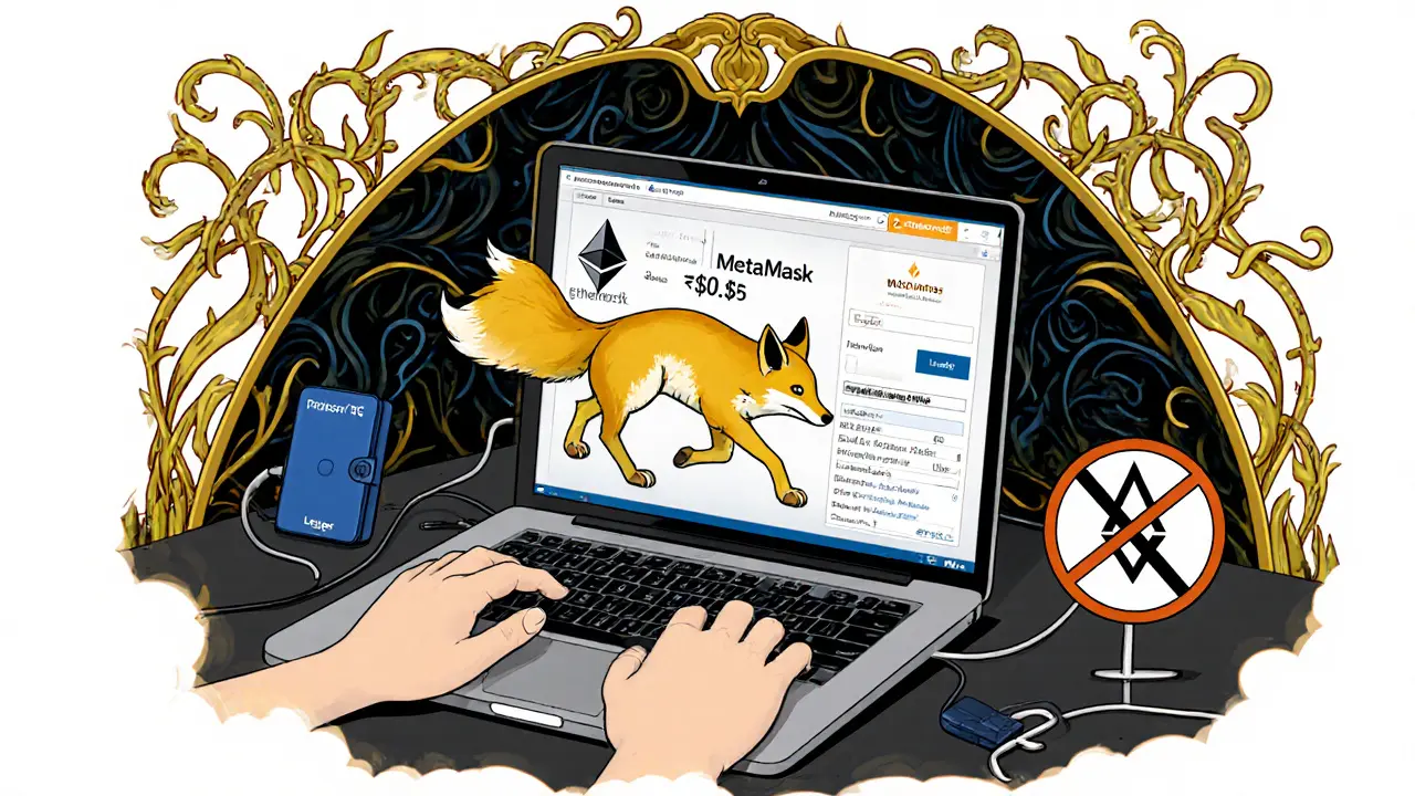 Escena cartoon de un usuario reclamando el airdrop, mostrando cartera, gas bajo y alerta de estafa.