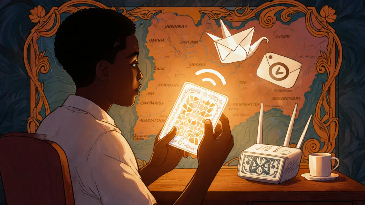 Escena de usuario recibiendo NFT brillante y router decorado, con mapa de Nigeria y elementos de KYC.