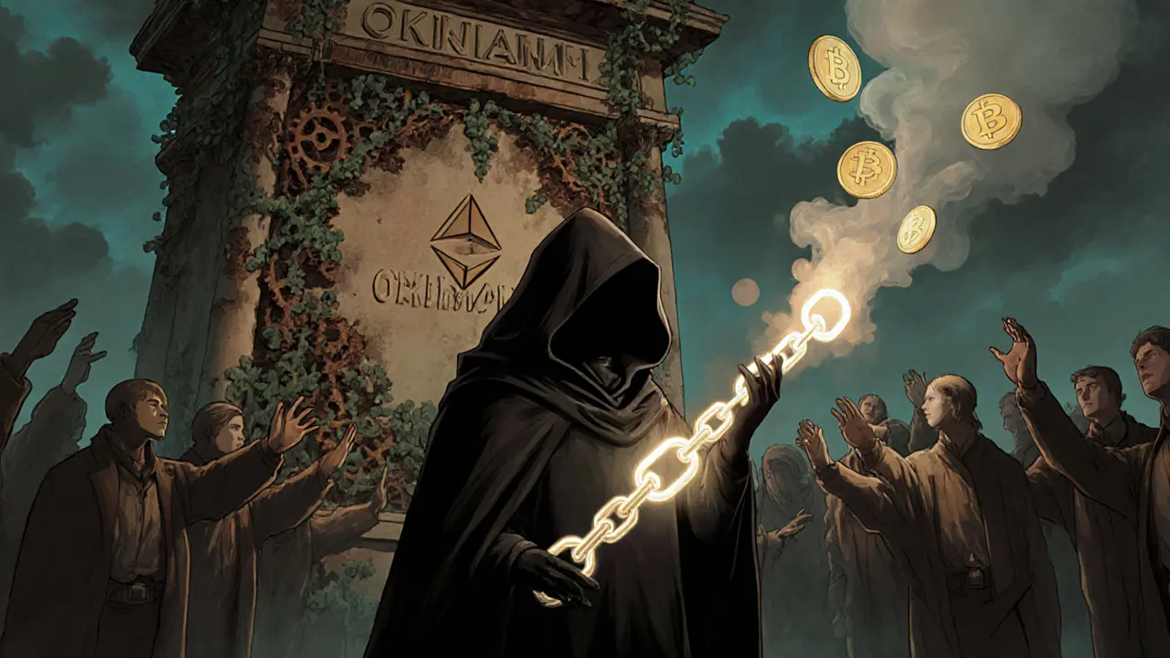 Figura misteriosa frente a un monumento en ruinas con tokens que se desvanecen en humo.