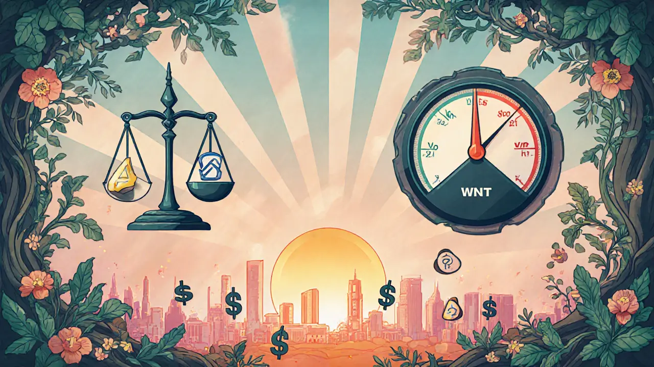 Ilustración de riesgos: balanza con token WNT, router sobrecalentado y ganancias modestos sobre Lagos.