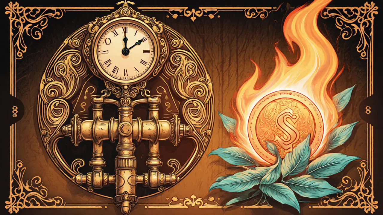 Imagen Art Nouveau de una bomba dual, reloj de 30 s y fuego que simbolizan las funciones de SWAP315.