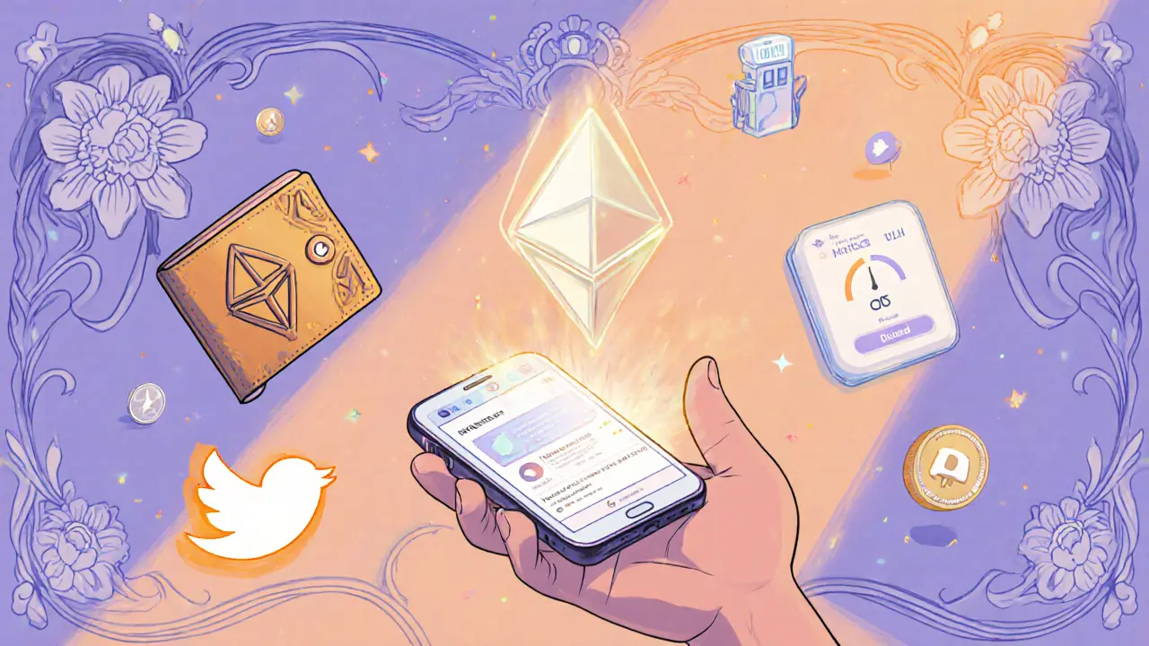 Imagen cartoon de una cartera MetaMask, signo de gas y notificaciones de Telegram y Twitter preparándose para un airdrop.