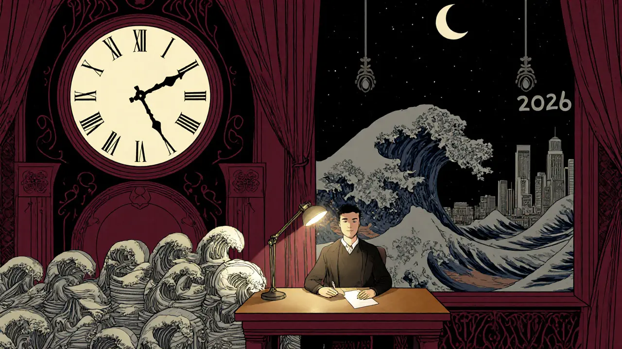 Inversor solitario rodeado de tokens sin valor bajo un reloj que marca la medianoche.