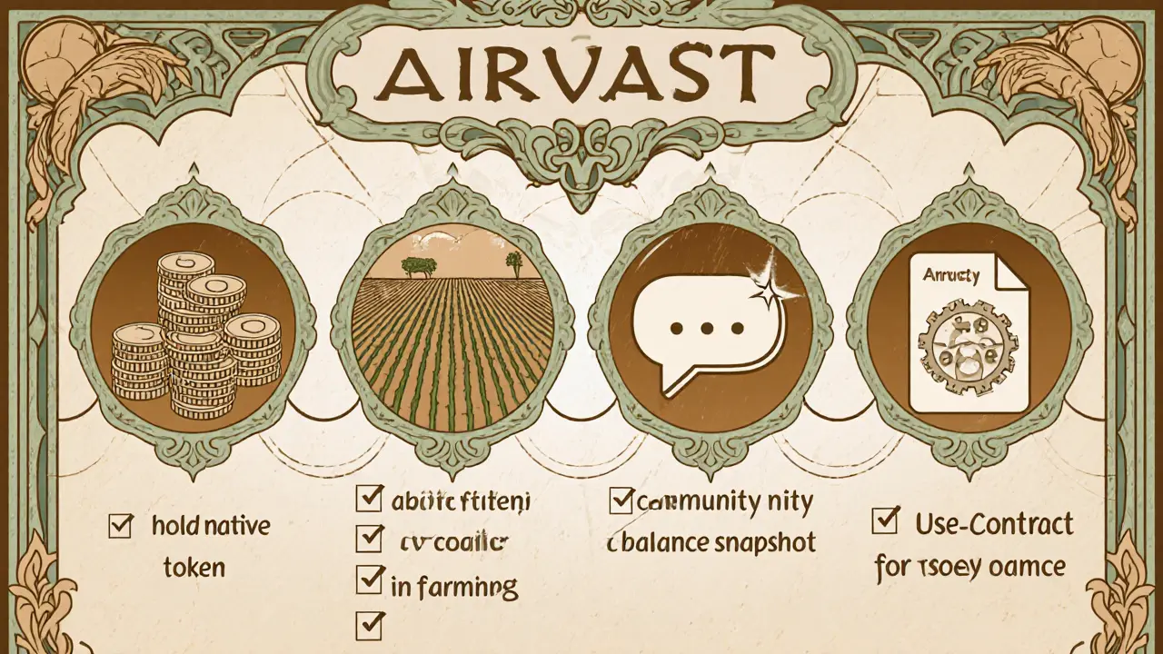Lista ilustrada de requisitos típicos de elegibilidad para un airdrop, estilo Art Nouveau.