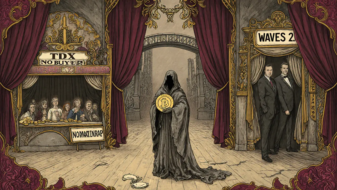 Mercado vacío con un puesto de TDX sin compradores, mientras BNB brilla con multitudes y un puente sin terminar se desvanece.