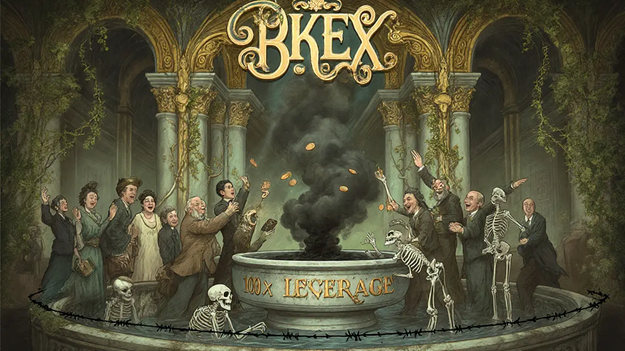 Palacio de lujo BKEX con fuente de dinero que se convierte en humo negro, esqueletos con billeteras vacías debajo.