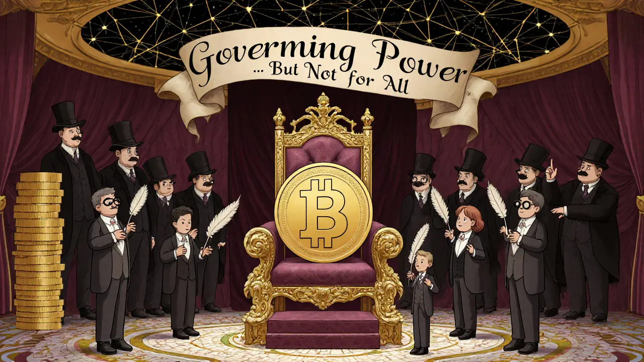 Royal throne room where oversized NSTR token is voted on by tiny users, while elites hoard most tokens in Art Nouveau style.