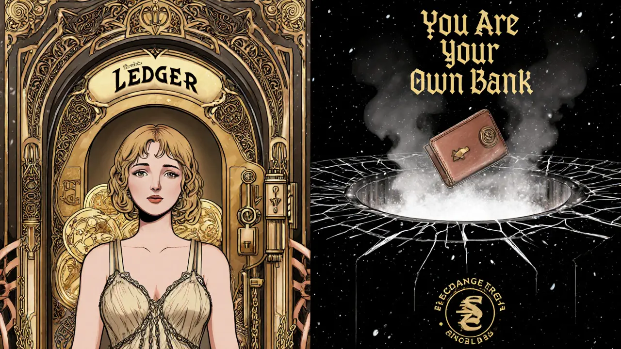 Split scene: safe hardware wallet vs. lost funds in exchange, with ornate Art Nouveau design and blockchain motifs.