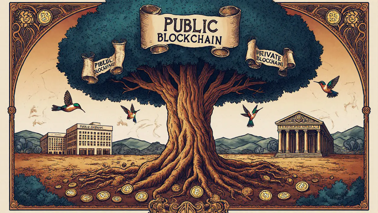 Árbol místico con raíces públicas y ramas privadas, protegiendo instituciones con motivos dorados.