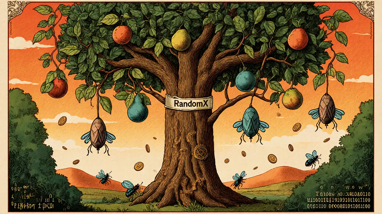 Árbol RandomX con siete enredaderas por hard forks, mientras insectos ASIC caen de sus ramas.