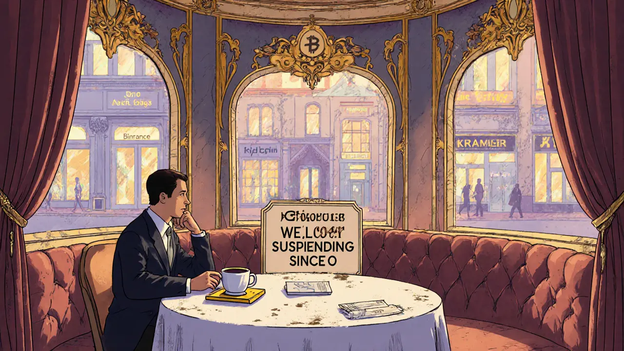 Café vacío de Trade.io con un solo cliente y un token TIOx como posavasos, rodeado de actividad ajena.