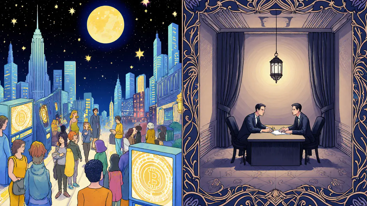 Ciudad dividida: ciudadanos globales vs ejecutivos en sala de juntas, estilo Art Nouveau.