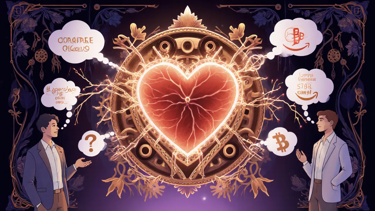 Corazón mecánico conectado a nubes y cadenas de bloques, rodeado de profesionales con preguntas que se convierten en enredaderas.