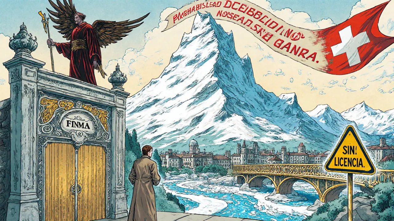 Cumbre suiza en forma de blockchain con guardián FINMA bloqueando el camino a un emprendedor sin licencia.