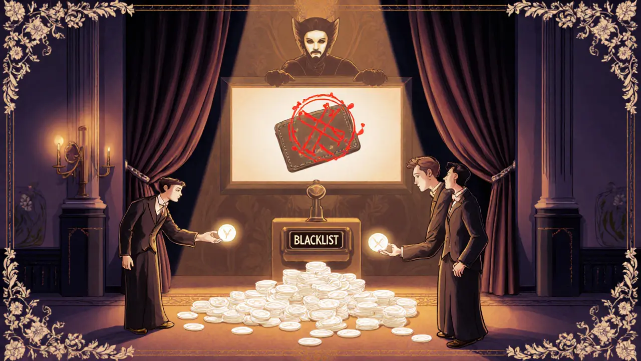 Escena de bolsa en estilo Art Deco con figuras intercambiando tokens WHITE, mientras una figura enmascarada activa una lista negra tras cortinas.