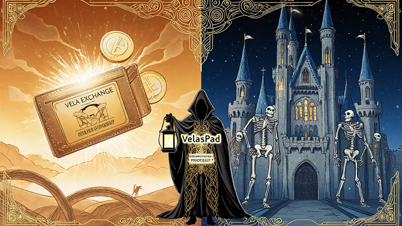 Escena dividida: airdrop real de VELA vs. castillo de engaño de VLXPAD, con una figura que ilumina la verdad.