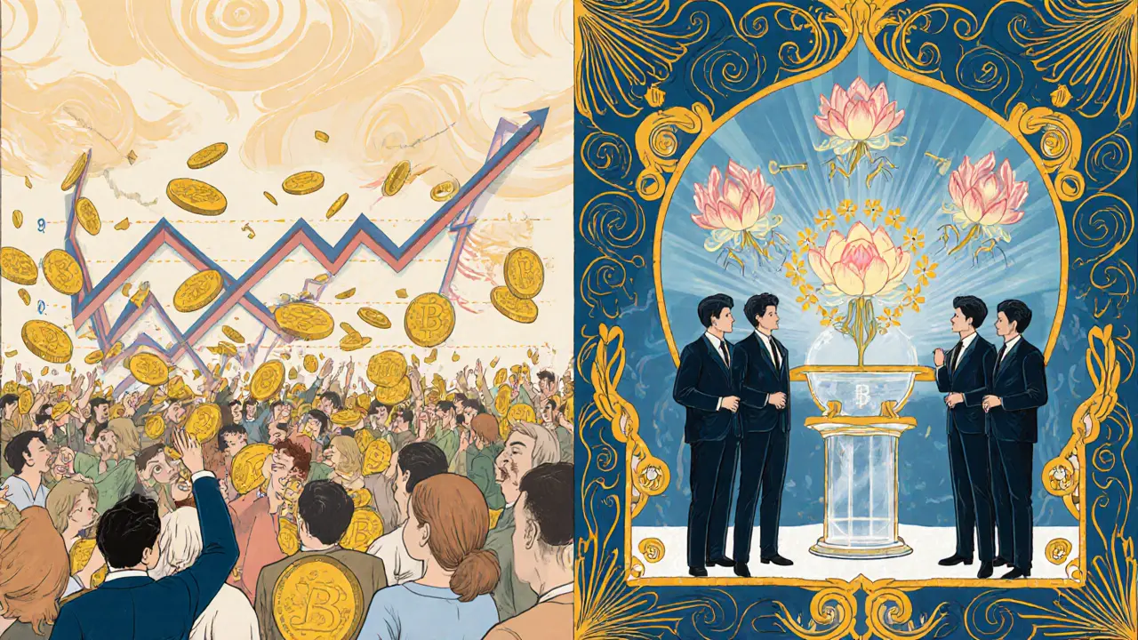 Escena dividida: caos de venta de tokens vs. liberación ordenada mensual en una cadena de bloques transparente.