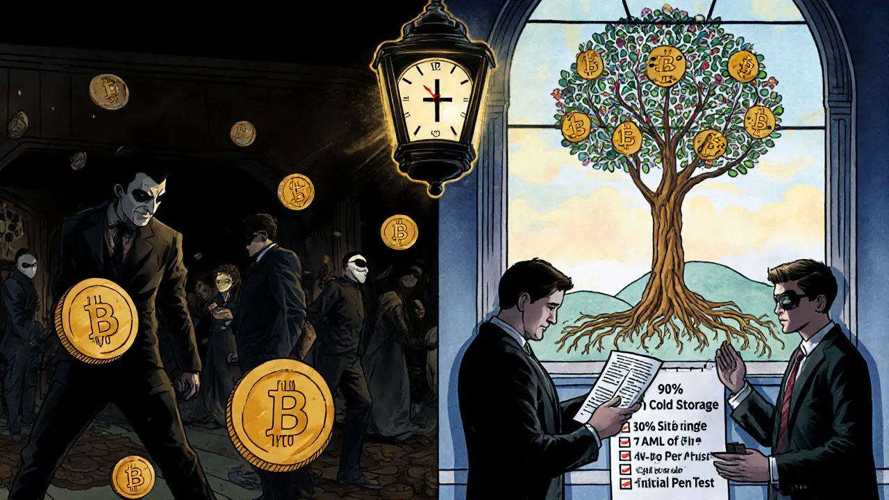 Escena dividida: lado caótico de DeFi vs. sala de cumplimiento iluminada con checklist de seguridad financiera.