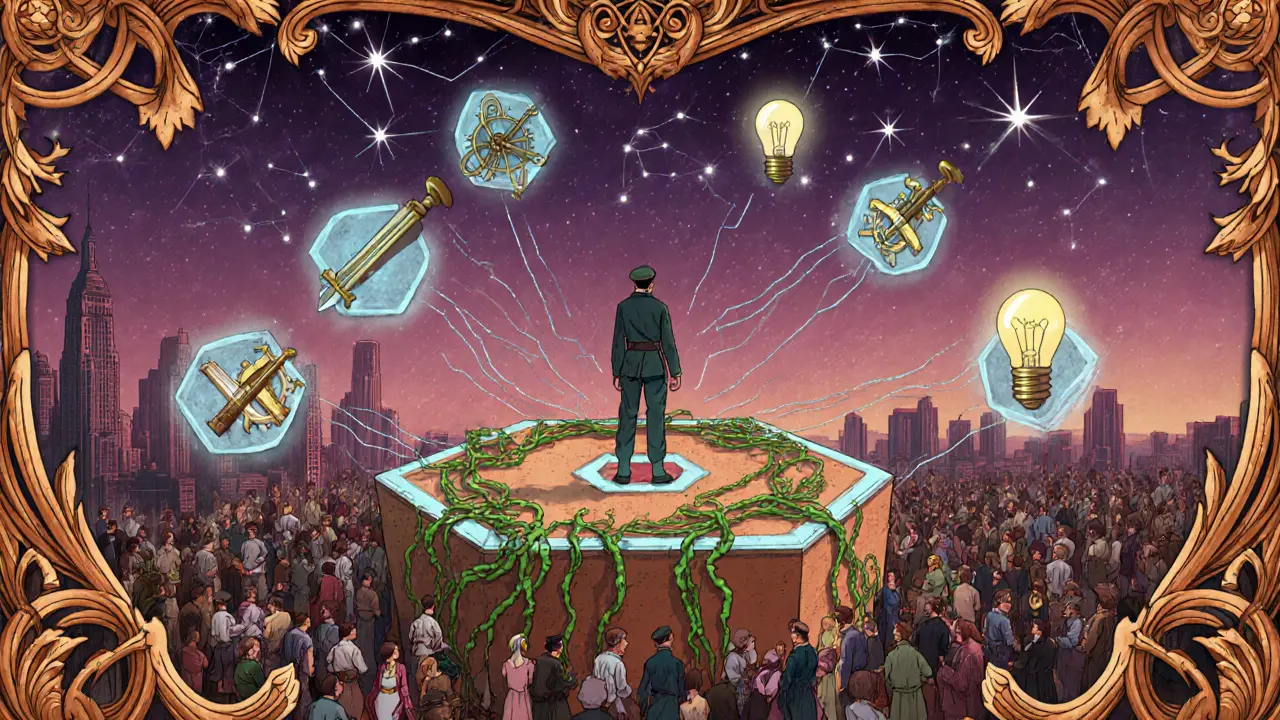 Figura en lo alto de una parcela en Nueva York rodeada de símbolos de economía, guerra y tecnología en estilo Art Nouveau.