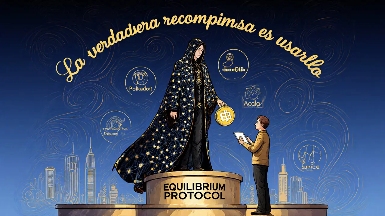 Figura misteriosa ofrece un token EQ a un espectador mientras cadenas blockchain se funden en el fondo, arte vintage.