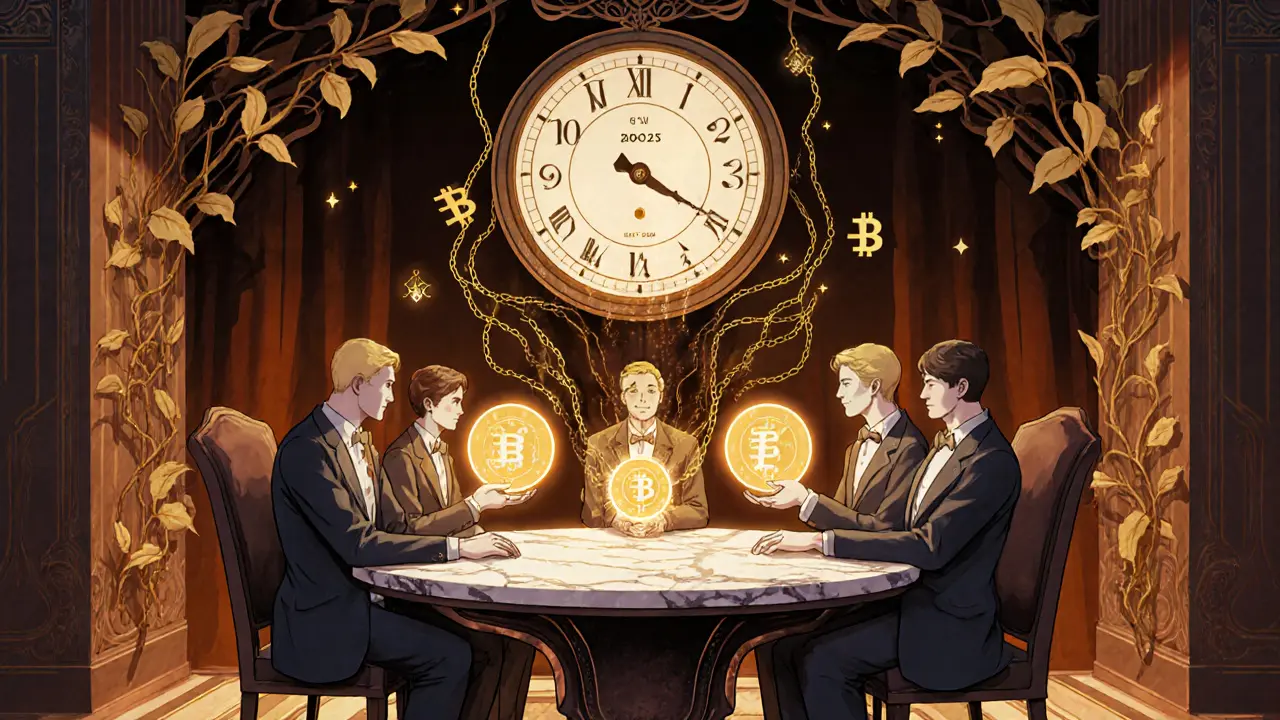 Ganadores del airdrop en un salón lujoso con tokens que se transforman en activos digitales, estilo Art Nouveau.