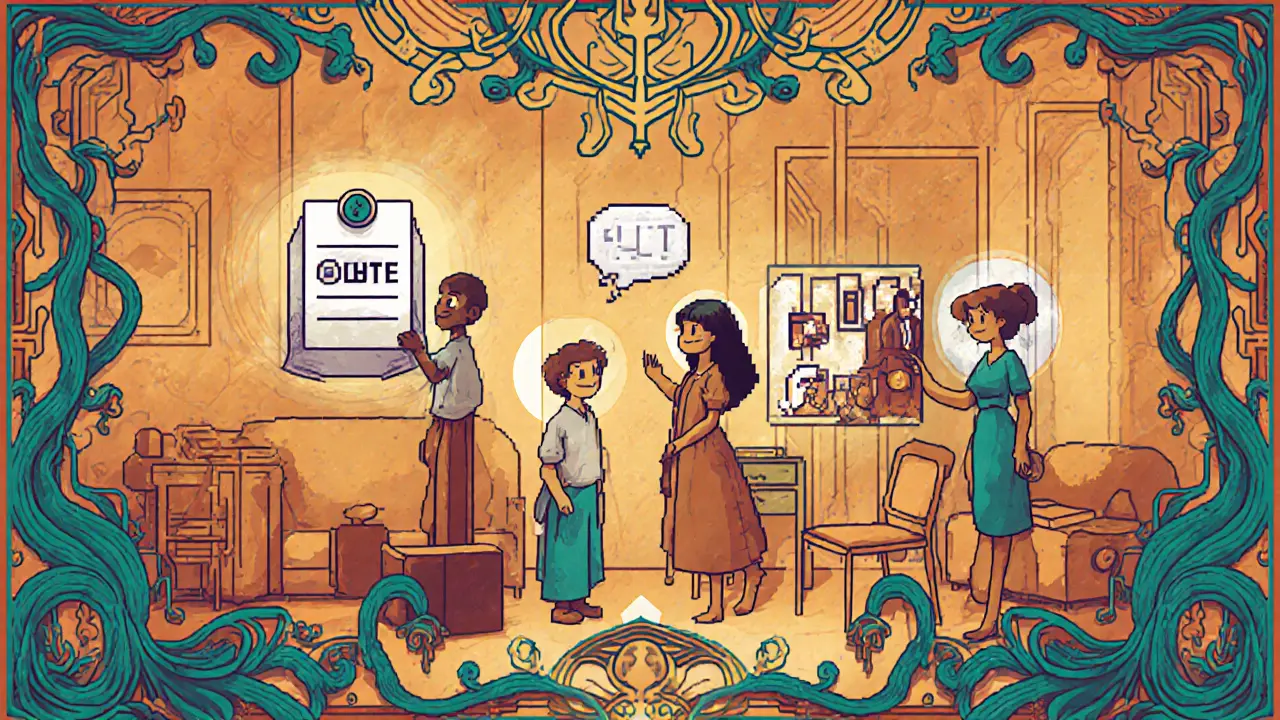 Grupo de jugadores en habitación de hotel 8-bit votando y decorando, rodeados de motivos Art Nouveau.