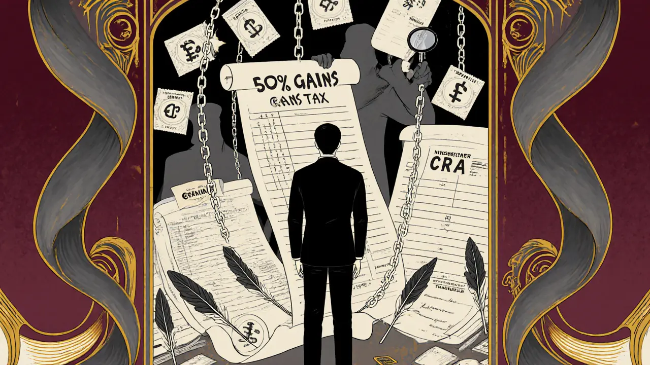 Inversor frente a un espejo que refleja sus impuestos, con símbolos cripto y libros contables en un diseño Art Nouveau elegante y sombrío.