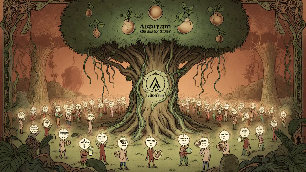 Jardín comunitario donde miles reciben semillas que crecen en árboles liberando un token por mes, simbolizando crecimiento sostenible.