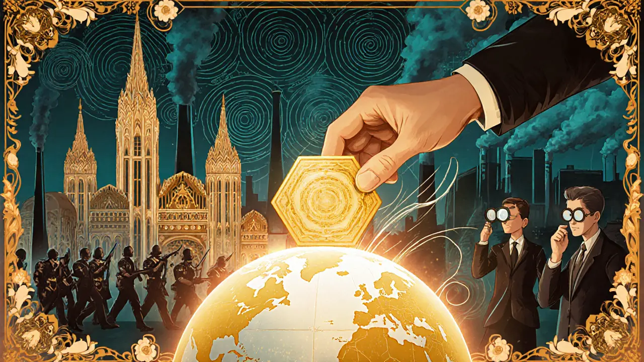 Mano colocando un tesoro hexagonal sobre un globo terráqueo, con ciudades virtuales y figuras en estilo vintage.