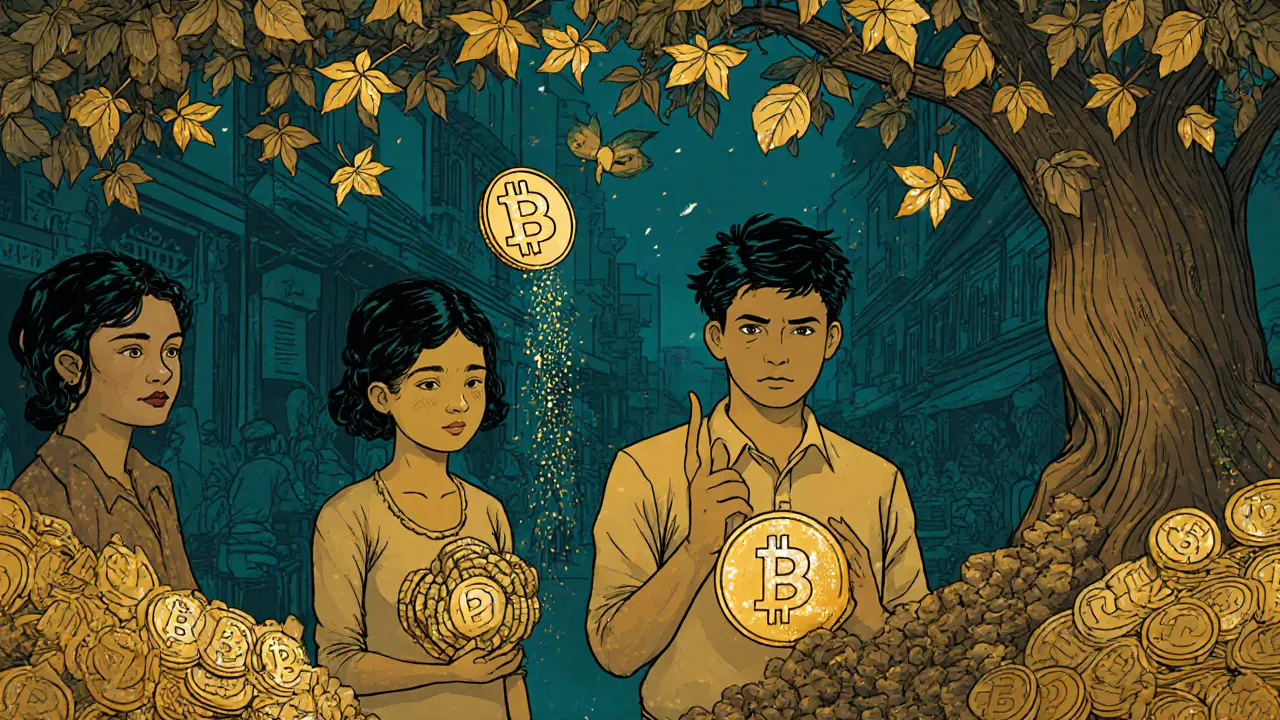 Mercado vietnamita donde cada transacción de cripto deja caer una hoja dorada, en estilo Art Nouveau.