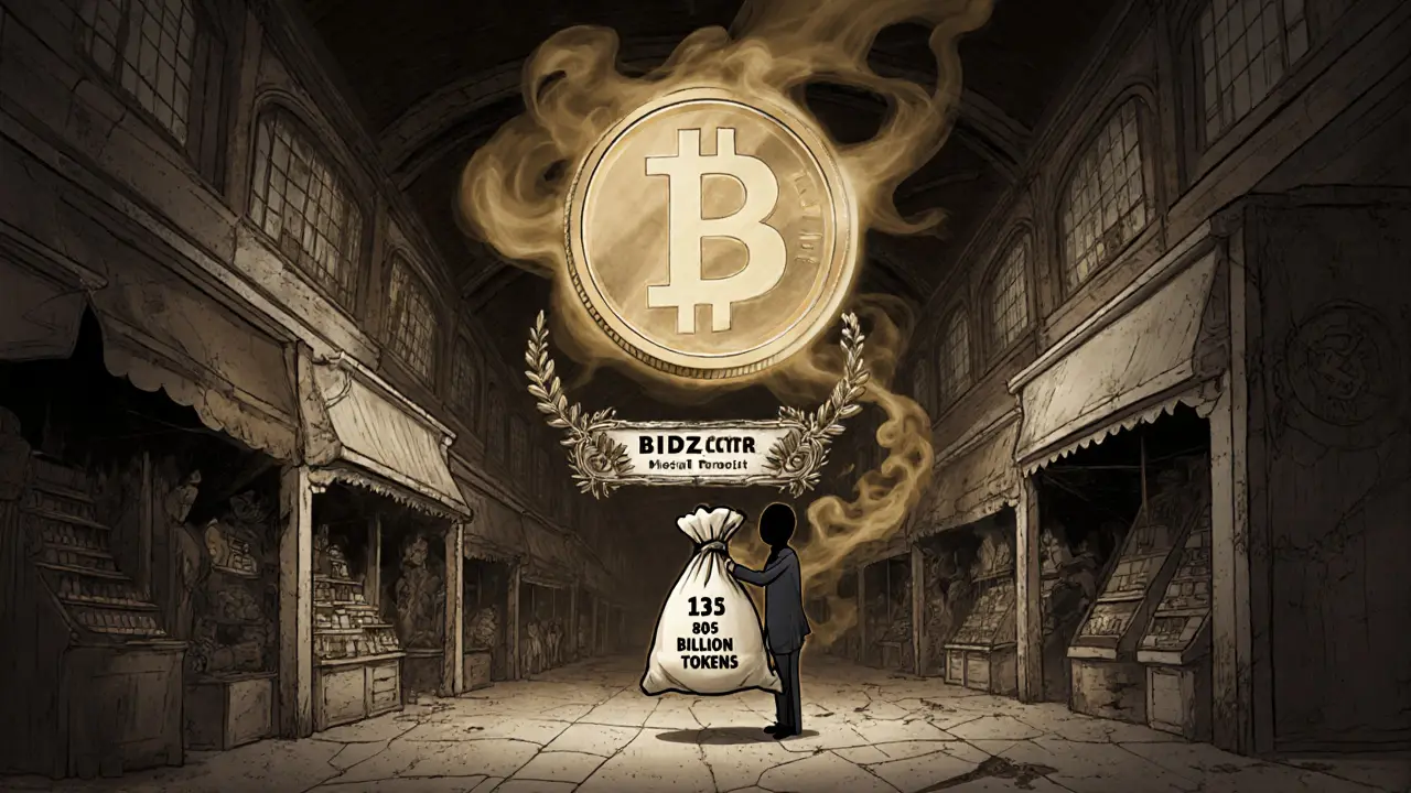 Moneda fantasma flotando sobre un mercado desierto, signo BIDZ desvaneciéndose.