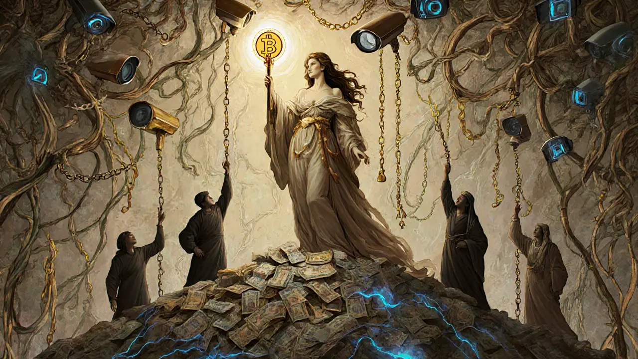 Mujer simbólica sostiene Bitcoin como antorcha mientras figuras alcanzan desde cadenas digitales.