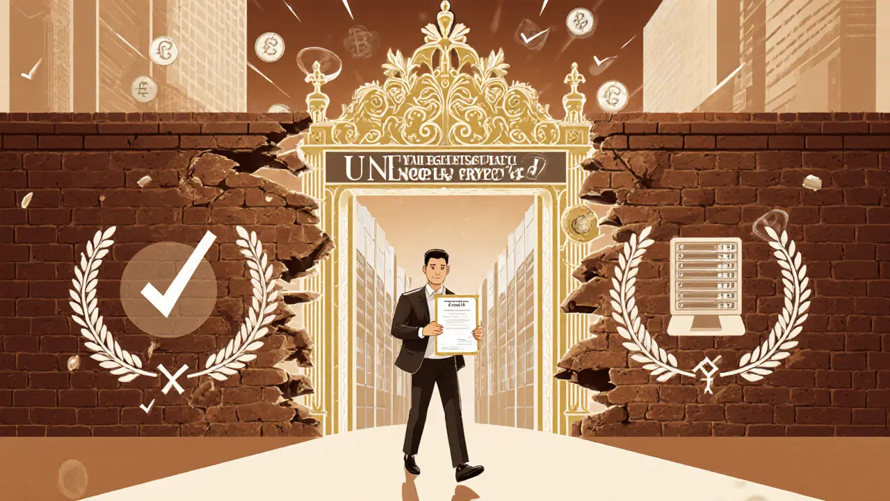 Muro de empresas no registradas colapsando frente a una puerta dorada que lleva a sistemas de cumplimiento modernos.